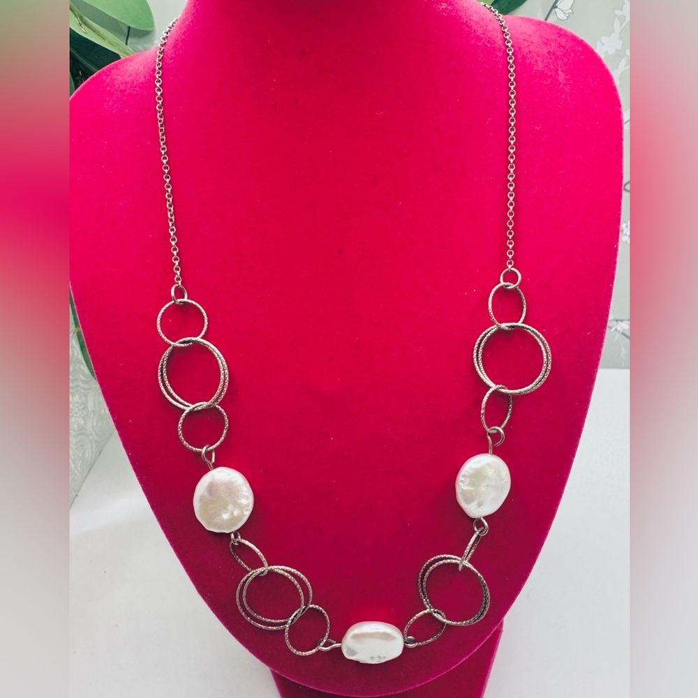 Vintage Sterling Silver and Baroque Coin Pearls Abstract Necklace